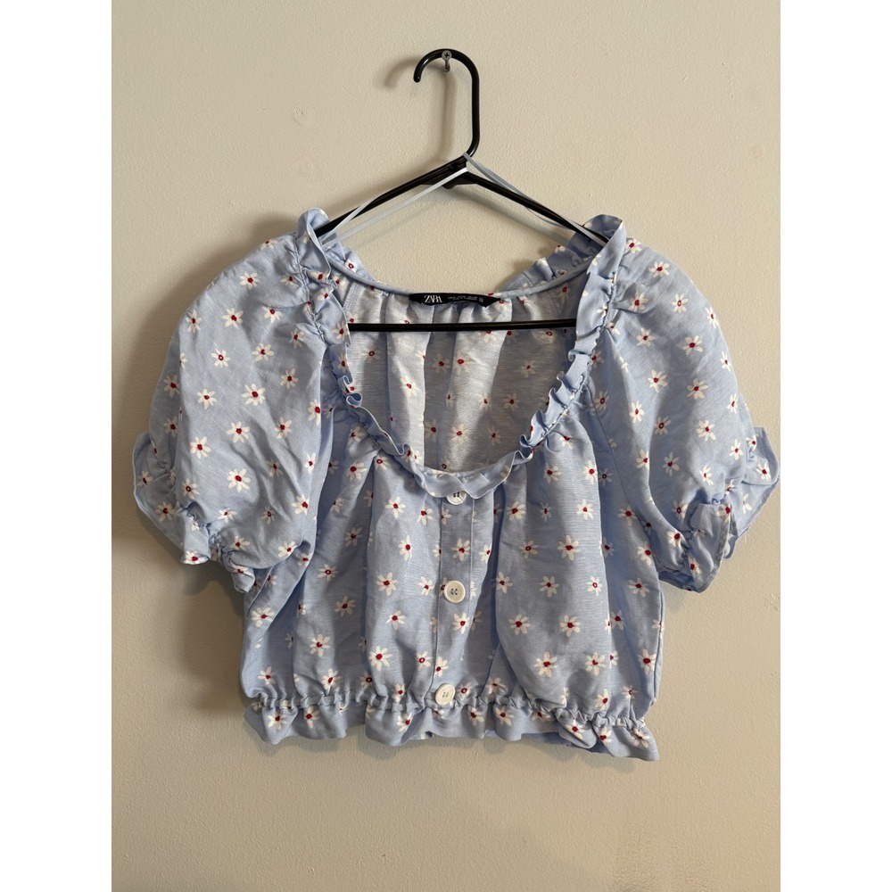 ZARA Blue Daisy Print Ruffle Crop Top Puff Sleeve Button Front Women's Medium
